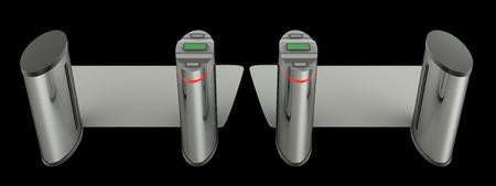 metallic turnstile. isolated on black background 3d illustration. high resolutionの写真素材