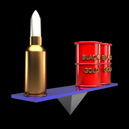 concept, balance barrel oil and bullet . isolated on black background. 3d illustration