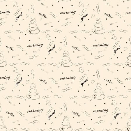 Seamless pattern with cup of coffee and good morning wishesのイラスト素材