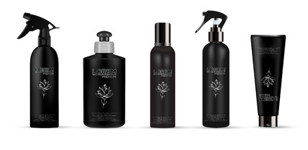 Set of realistic black package luxury cosmetic product: tube cream, bottle with dispenser or spray, oil, shampoo, gel shower and liquid soap. Vector illustration isolated on white.のイラスト素材