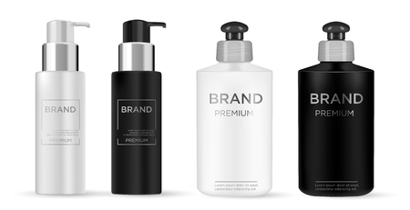 Cosmetic black, white plastic bottle. Liquid container for gel, lotion, cream, shampoo, bath foam. Beauty product package.のイラスト素材