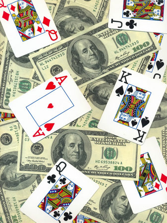 Background of money and playing cards isolated over whiteのeditorial素材