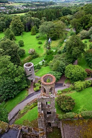 Overhead aerial view of Blarney castle's towers and park near Cork, Irelandの写真素材
