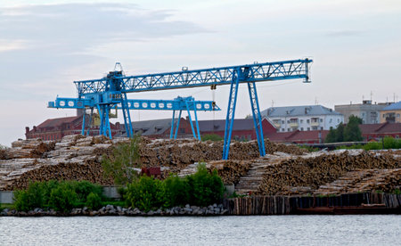 Sawmill with plant rail cranes and stack of wood 