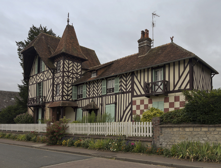Traditional half-timbered village house in Beuvron en Augeのeditorial素材