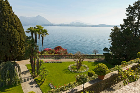 Blooming gardens of Isola Bella and view of Lake Maggioreの写真素材