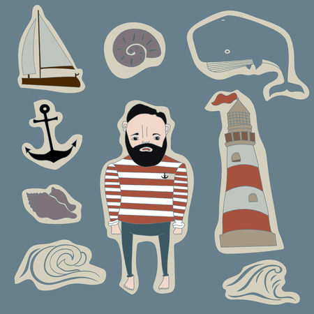 sea vector set consist from a sailor, boat, anchor, lighthouse, waves, whale on a blue backgroundのイラスト素材