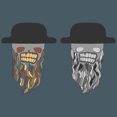 skulls in hats with beards in two colour combinations. vector illustrationのイラスト素材