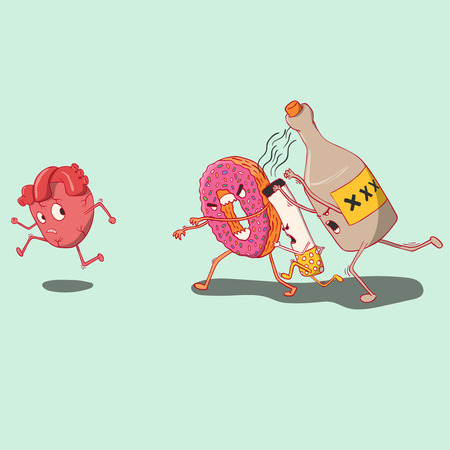 donut, alcohol and cigarette haunted heart. vector illustration of a healthy lifestyle.のイラスト素材