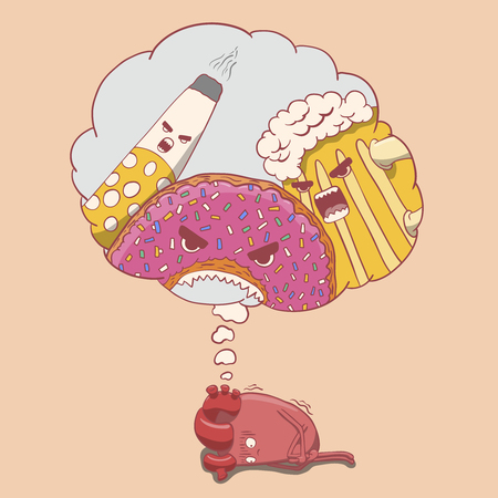 cartoon heart character afraid of alcohol, donut and cigarette. vector illustrationのイラスト素材