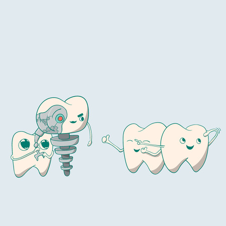 Cute dental implant robot and teeth. vector illustrationのイラスト素材