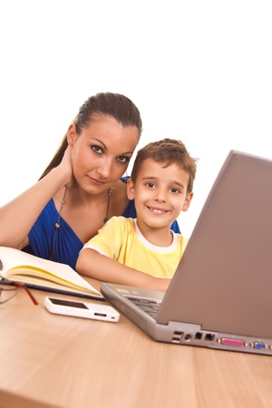 mother and son with notebookの写真素材