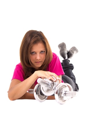 women posing with weights isolated on whiteの写真素材