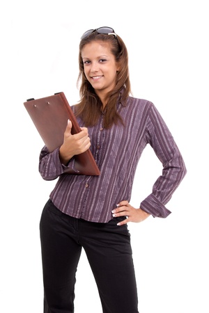 successful women holding notes isolated on whiteの写真素材