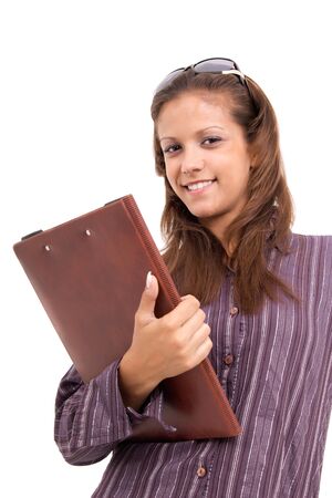 successful businesswoman with note isolated on whiteの写真素材