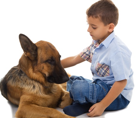 young boy console his sad dogの写真素材