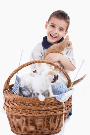 Boy with cats on white studio backgroundの写真素材