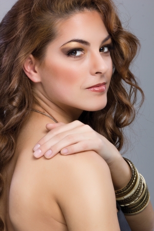 beautiful brunette model with long hair portraitの写真素材