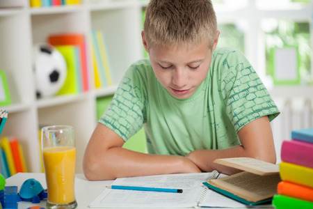 young schoolboy studyng at homeの写真素材