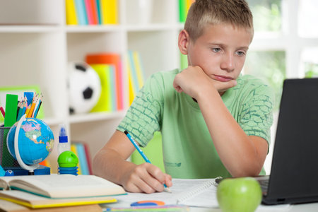 young schoolboy studyng at home