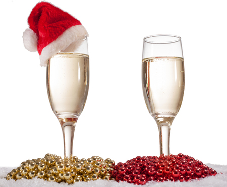 glasses of champagne gold and red pearls, Christmas conceptの写真素材