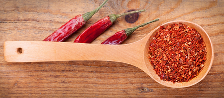 paprika powder spices on spoons,on wooden backgroundの写真素材