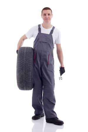 mechanic with a car wheelの写真素材