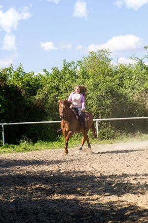 Beautiful girl riding a  purebred horseの写真素材