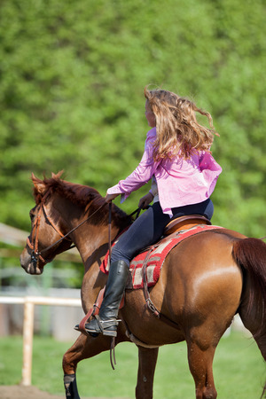 a young girl and purebred brown horseの写真素材