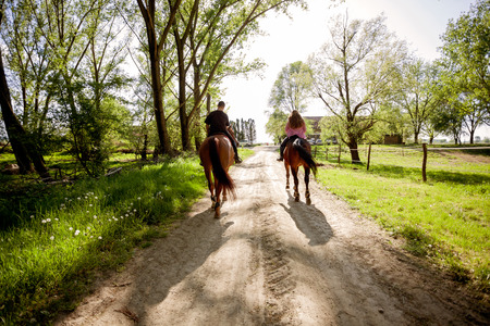 Young couple in nature with horsesの写真素材