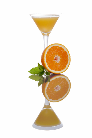 fresh orange juice with on white backgroundの写真素材