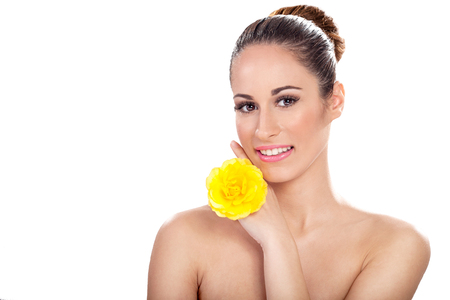 portrait of attractive caucasian smiling woman brunette isolatedの写真素材