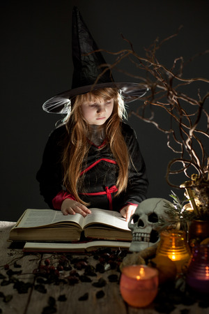 Little cute halloween witch reading spellの写真素材