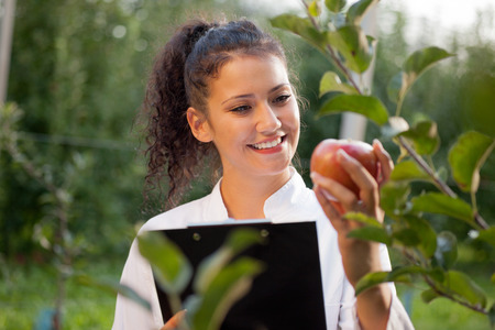 smiling agronomist with notebook standing in apple orchardの写真素材