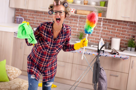 young depresed woman with duster