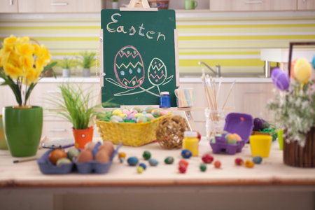 colorfull easter eggs in home kitchen