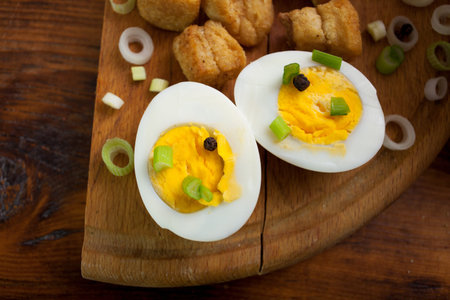 close up of boiled eggs and greaves