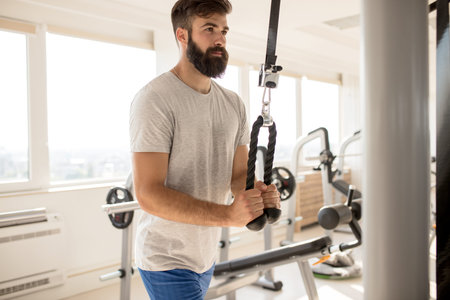 Sport, fitness, lifestyle, technology and people concept. Young man training in the gym