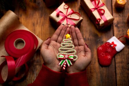 Christmas concept,woman making homemade gifts at homeの写真素材