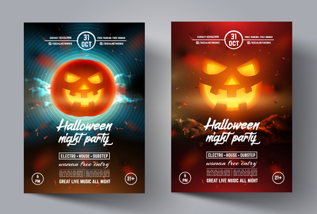 Mystical party flyer. Happy Halloween template banner or leaflet, cover, brochure, poster with smiling glowing pumpkin on modern background. Vector illustrationのイラスト素材