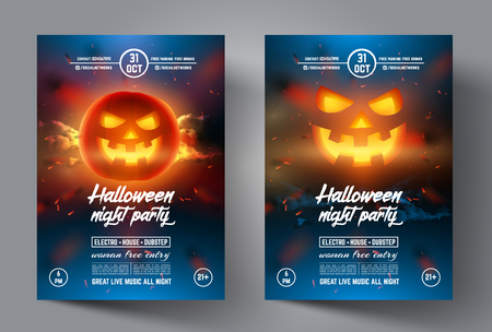 Halloween flyer. Design template banner or leaflet, cover, brochure and poster with smiling glowing pumpkin on modern background. Vector illustrationのイラスト素材