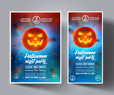 Halloween night party flyer or covers, banners, brochure, posters, presentations and roll up. Realistic glowing pumpkin with smiling face on modern background. Vector design template. EPS 10のイラスト素材