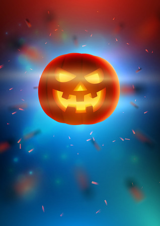 Realistic glowing pumpkin with smiling face on modern background. Template for Flyer or covers, banners, brochure, posters and rollup for Halloween party. Vector design template. EPS 10のイラスト素材