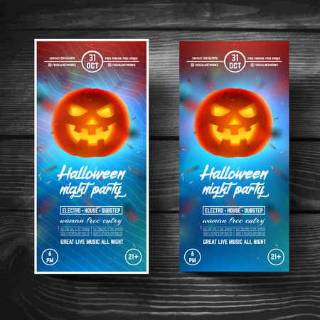 Halloween party flyer, covers, banners, brochure, posters, presentations, roll up. Realistic glowing pumpkin with smiling face on modern background. Vector design template. EPS 10のイラスト素材