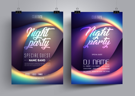 Party flyer or poster  layout  template for Disco Dance Club on the background of colorful waves in the form of eyes. Advertising the invitation for the night musical show or concert for banners.のイラスト素材