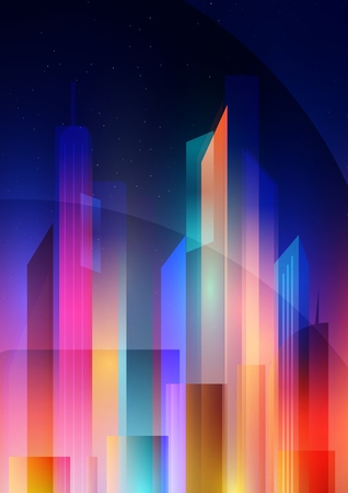 Night city with neon glow and vivid colors in the style of minimalism and low poly. Vector illustration for invitation, poster, advertising poster.のイラスト素材