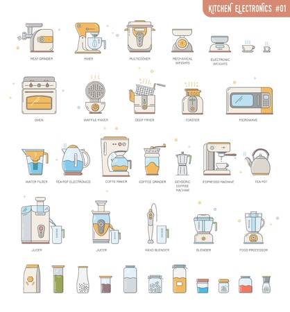 Outline icon collection small kitchen electronics appliances:espresso machine,coffee maker,food processor,multicooker,oven,kettle,blender, mixer,jucer,deep fryer,water filter,meat grinder,utensilsのイラスト素材