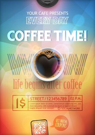 Coffee break flye or poster layout template on a colorful background of coffee in the shape of a heart.のイラスト素材