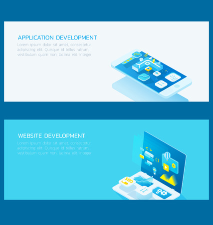 the set of 3d isometric banners illustration , concepts for application and website development,developer,programmer,website design,developer with blue and orange theme,&#xA;のイラスト素材