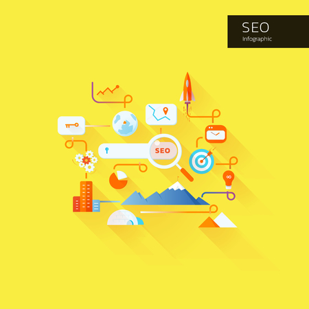 Flat infographic vector illustration concepts for SEO,Search Engine Optimization,website design,number1,flying to the target with orange and yellow themeのイラスト素材